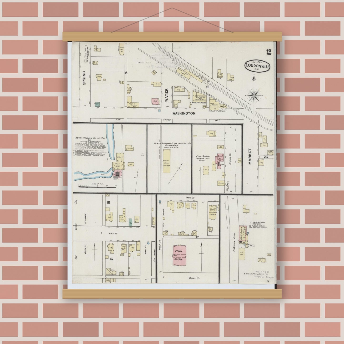 Old map wall art mockup — magnetic wood frame on brick wall — Sanborn Fire Insurance Map from Loudonville, Ashland County, Ohio (1889), Sheet #0002