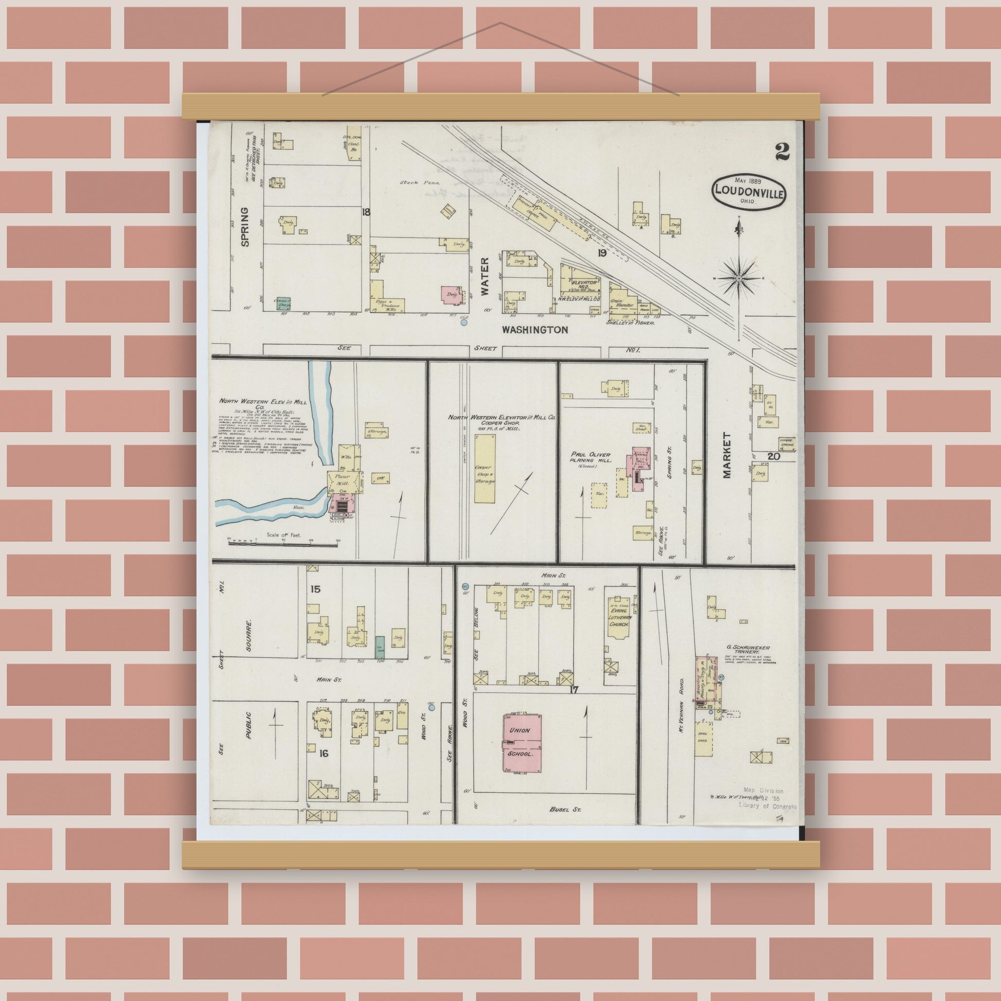 Old map wall art mockup — magnetic wood frame on brick wall — Sanborn Fire Insurance Map from Loudonville, Ashland County, Ohio (1889), Sheet #0002