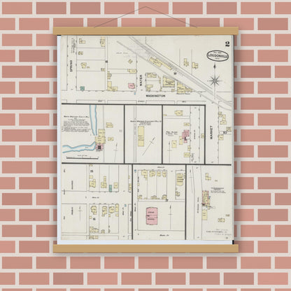 Old map wall art mockup — magnetic wood frame on brick wall — Sanborn Fire Insurance Map from Loudonville, Ashland County, Ohio (1889), Sheet #0002