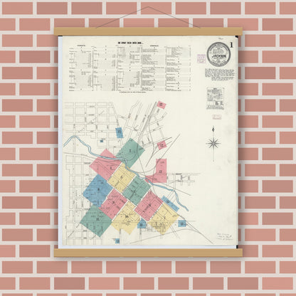 Old map wall art mockup — magnetic wood frame on brick wall — Sanborn Fire Insurance Map from Jackson, Jackson County, Ohio (1905), Sheet #0001