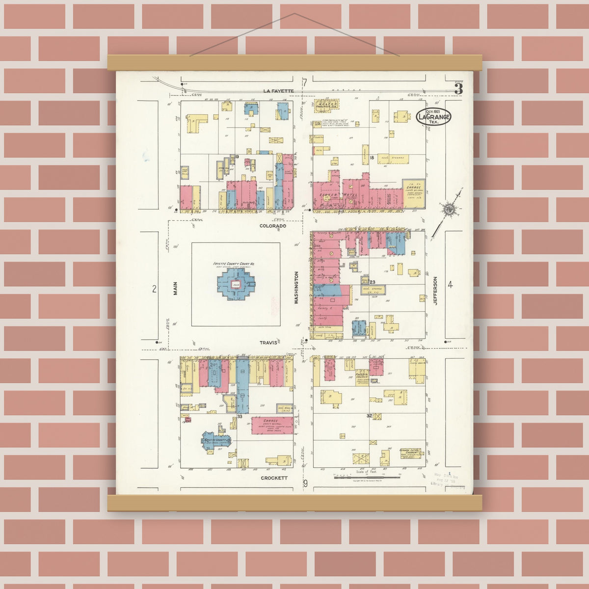 Old map wall art mockup — magnetic wood frame on brick wall — Sanborn Fire Insurance Map from La Grange, Fayette County, Texas (1921), Sheet #0003