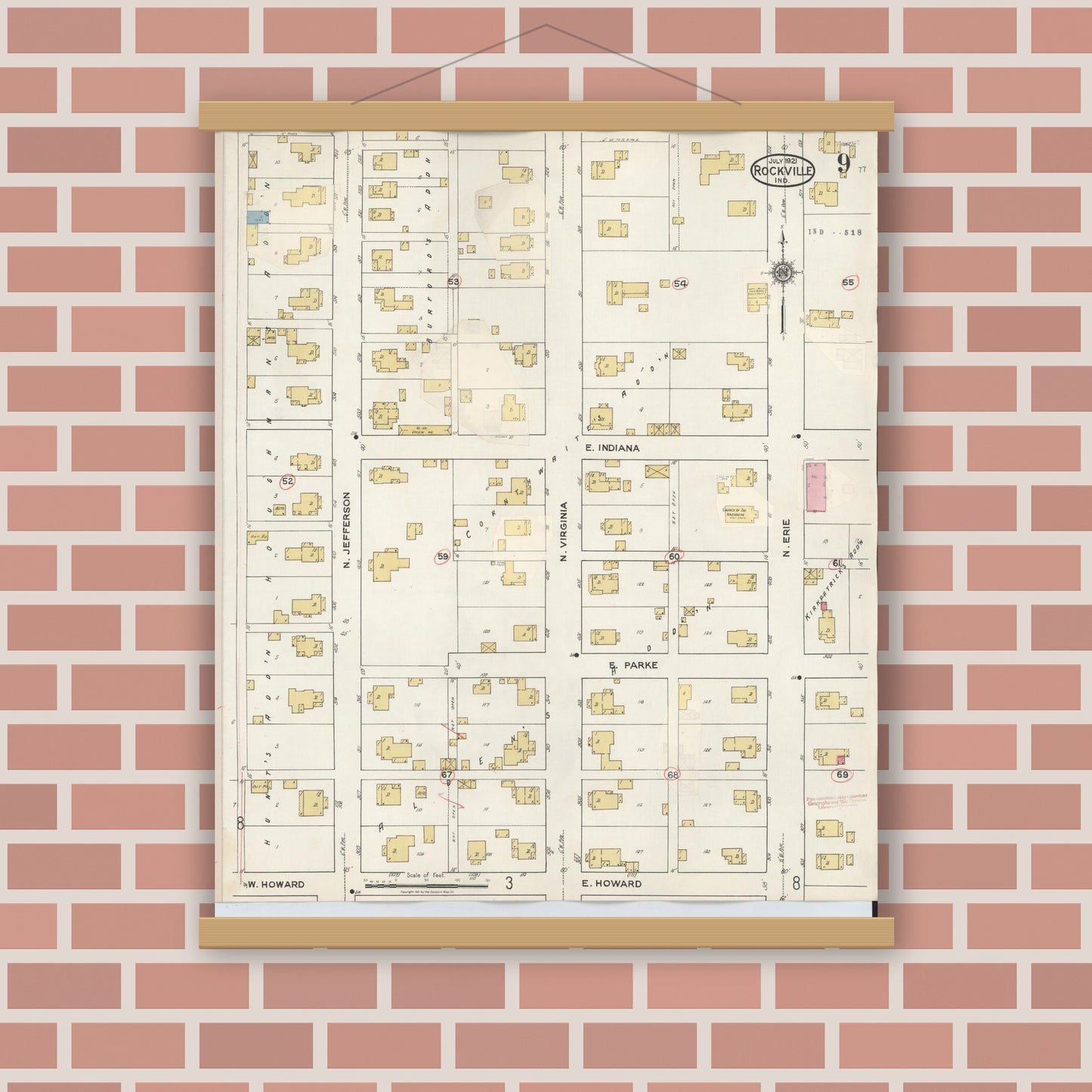 Old map wall art mockup — magnetic wood frame on brick wall — Sanborn Fire Insurance Map from Rockville, Parke County, Indiana (1932), Sheet #0009