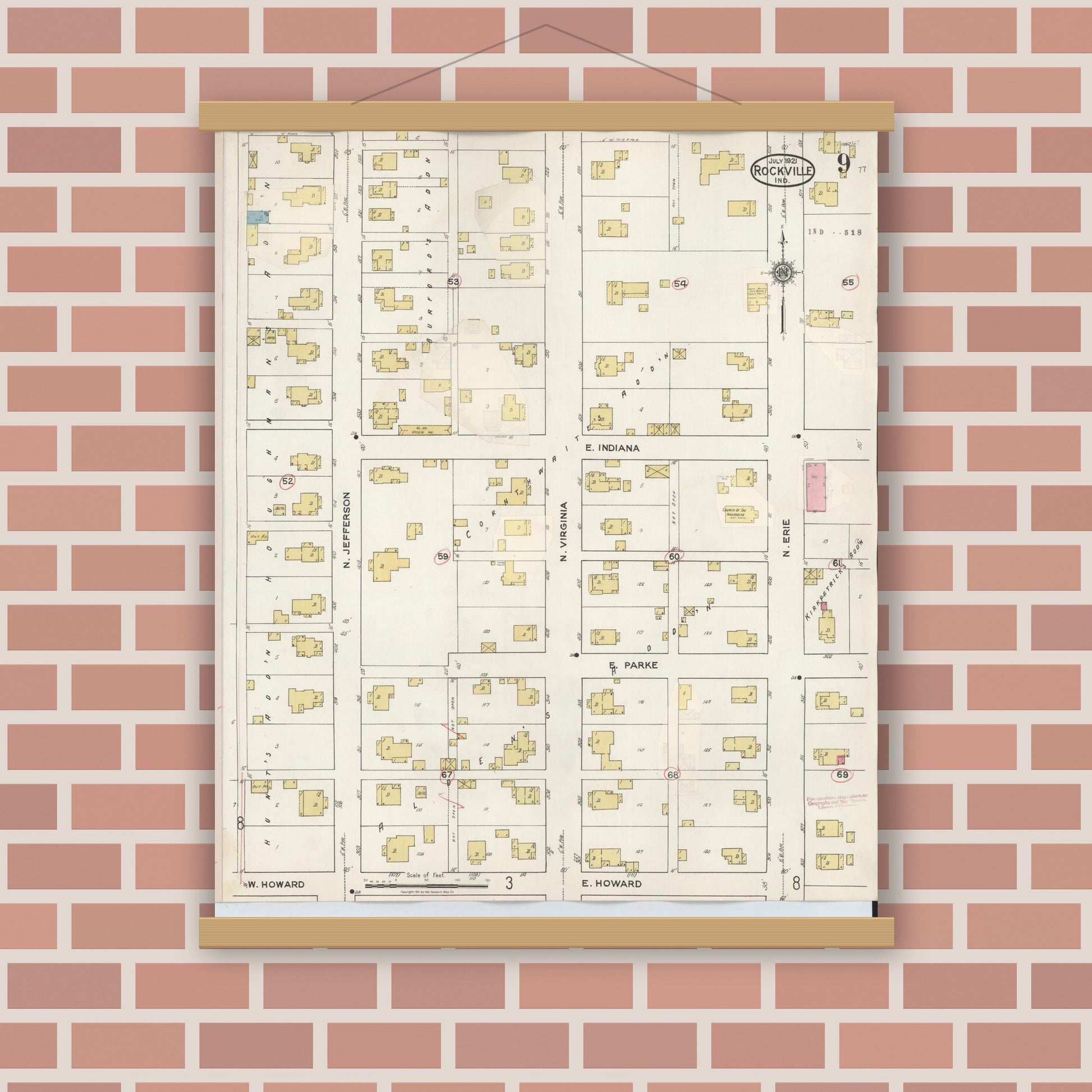 Old map wall art mockup — magnetic wood frame on brick wall — Sanborn Fire Insurance Map from Rockville, Parke County, Indiana (1932), Sheet #0009