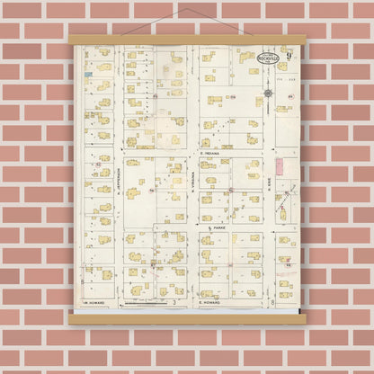Old map wall art mockup — magnetic wood frame on brick wall — Sanborn Fire Insurance Map from Rockville, Parke County, Indiana (1932), Sheet #0009