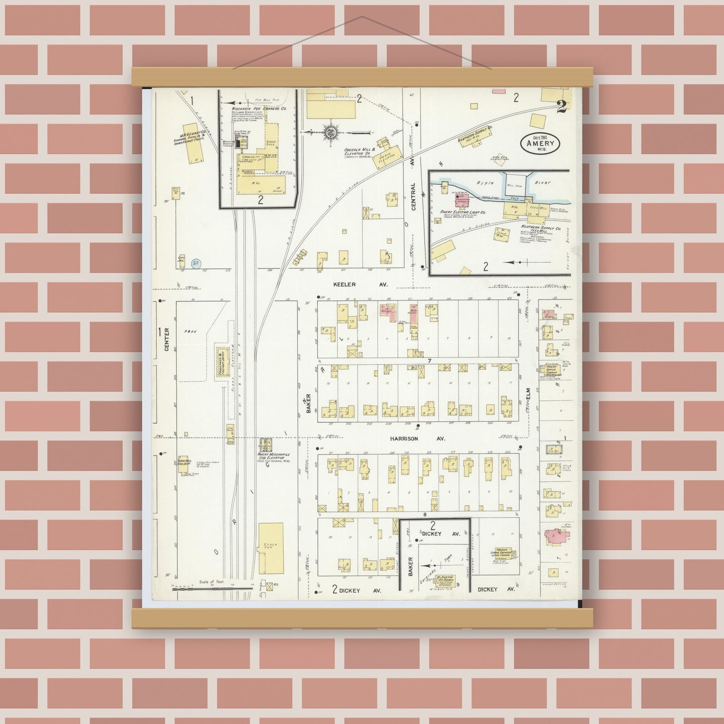 Old map wall art mockup — magnetic wood frame on brick wall — Sanborn Fire Insurance Map from Amery, Polk County, Wisconsin (1911), Sheet #0002