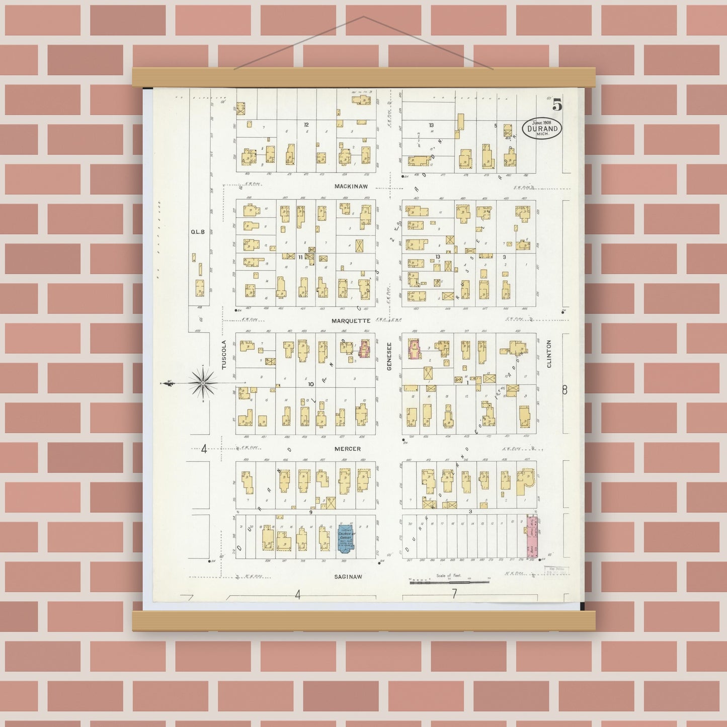 Old map wall art mockup — magnetic wood frame on brick wall — Sanborn Fire Insurance Map from Durand, Shiawassee County, Michigan (1908), Sheet #0005