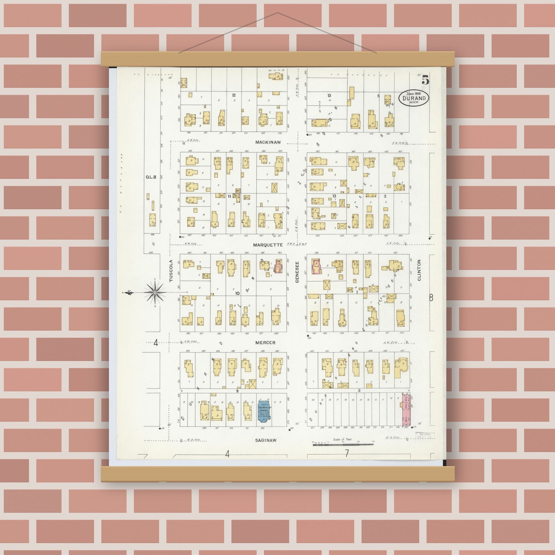 Old map wall art mockup — magnetic wood frame on brick wall — Sanborn Fire Insurance Map from Durand, Shiawassee County, Michigan (1908), Sheet #0005