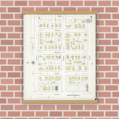 Old map wall art mockup — magnetic wood frame on brick wall — Sanborn Fire Insurance Map from Durand, Shiawassee County, Michigan (1908), Sheet #0005