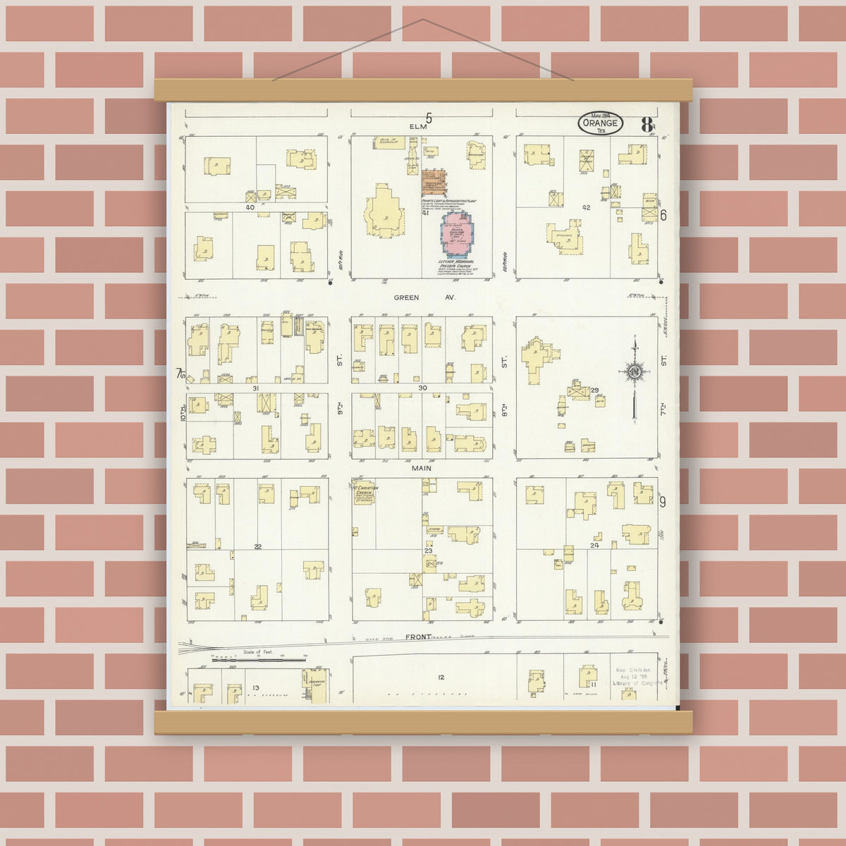 Old map wall art mockup — magnetic wood frame on brick wall — Sanborn Fire Insurance Map from Orange, Orange County, Texas (1914), Sheet #0008