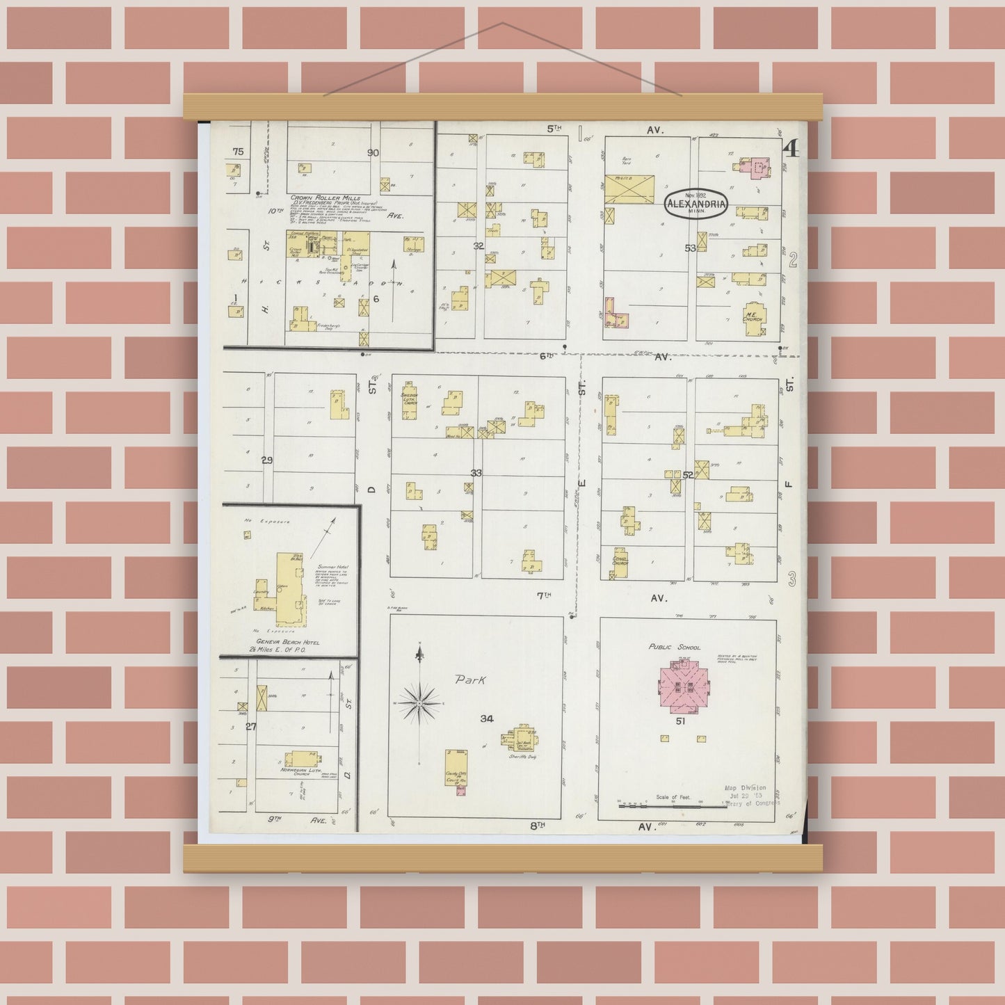 Old map wall art mockup — magnetic wood frame on brick wall — Sanborn Fire Insurance Map from Alexandria, Douglas County, Minnesota (1892), Sheet #0004