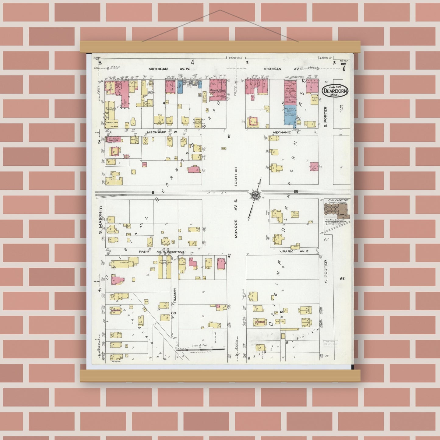 Old map wall art mockup — magnetic wood frame on brick wall — Sanborn Fire Insurance Map from Dearborn, Wayne County, Michigan (1921), Sheet #0007
