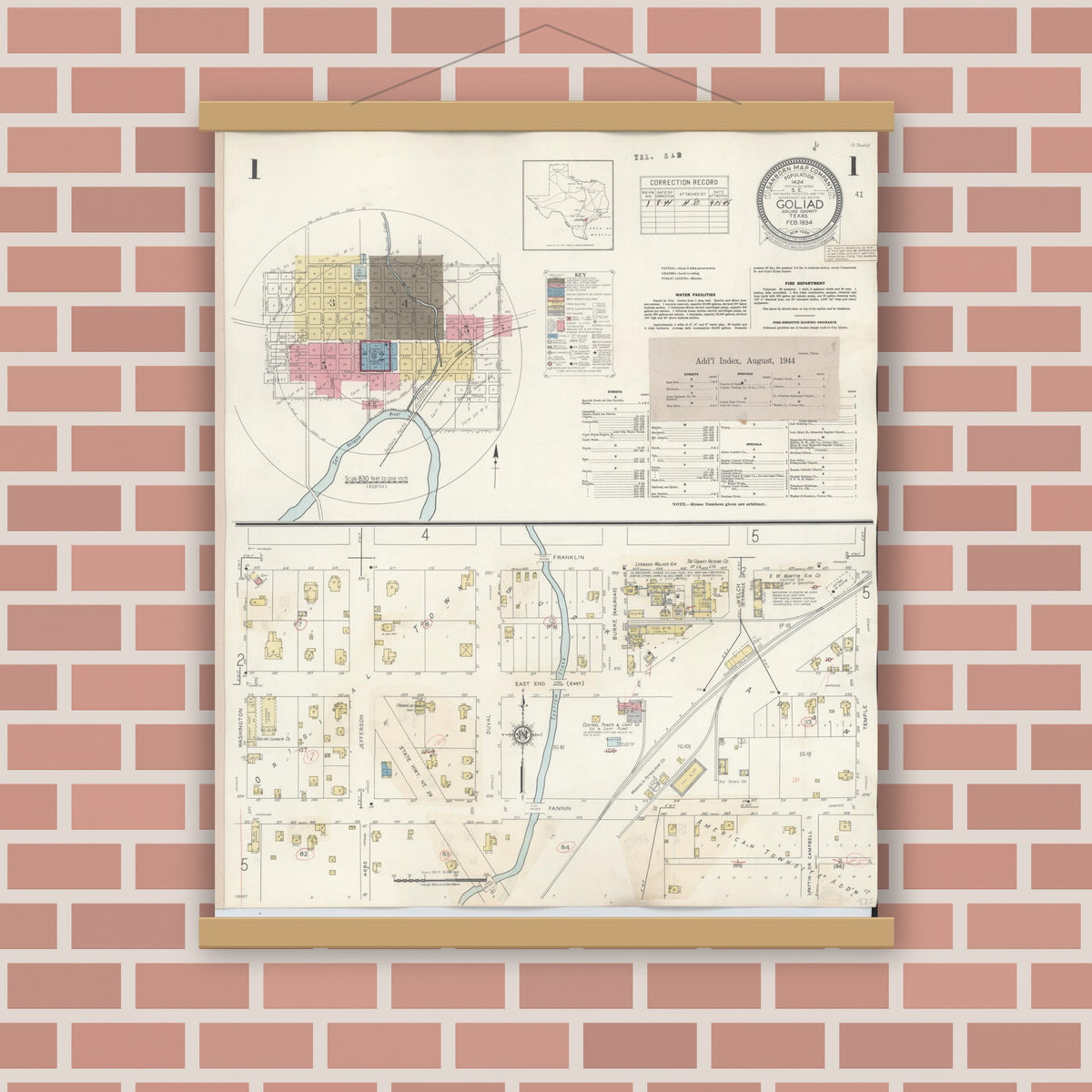 Old map wall art mockup — magnetic wood frame on brick wall — Sanborn Fire Insurance Map from Goliad, Goliad County, Texas (1944) - Complete Map Set