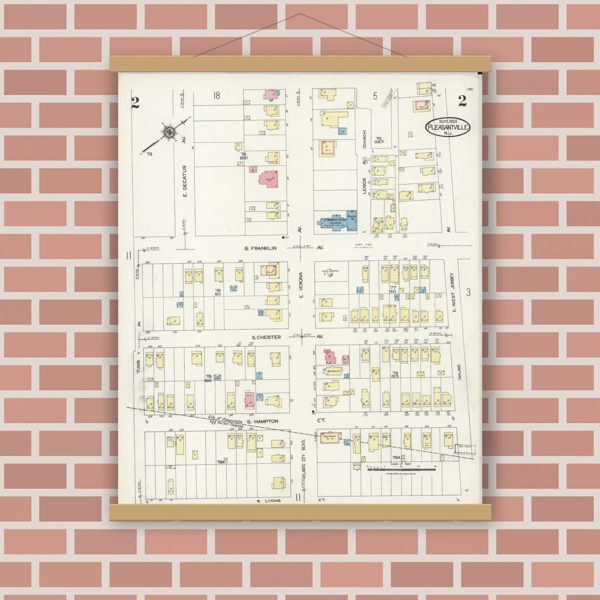 Old map wall art mockup — magnetic wood frame on brick wall — Sanborn Fire Insurance Map from Pleasantville, Atlantic County, New Jersey (1924) - Complete Map Set
