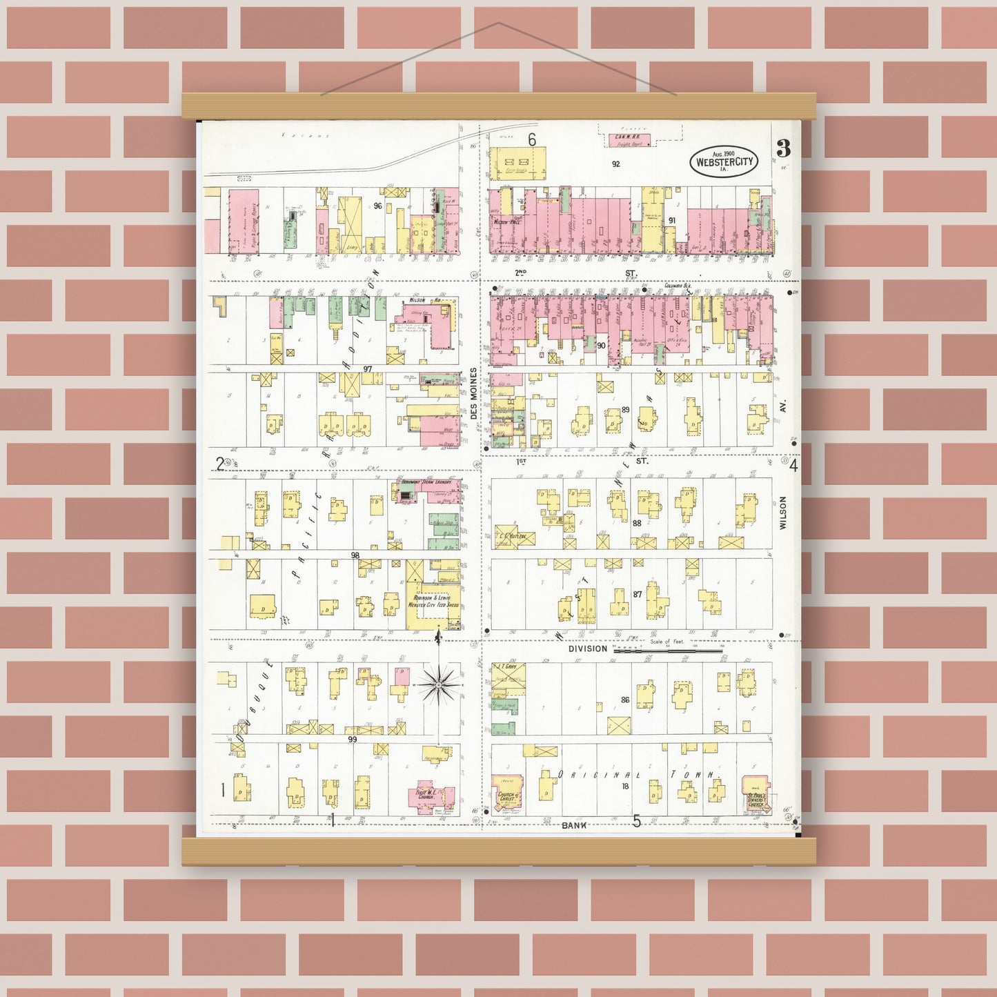Old map wall art mockup — magnetic wood frame on brick wall — Sanborn Fire Insurance Map from Webster City, Hamilton County, Iowa (1900), Sheet #0003
