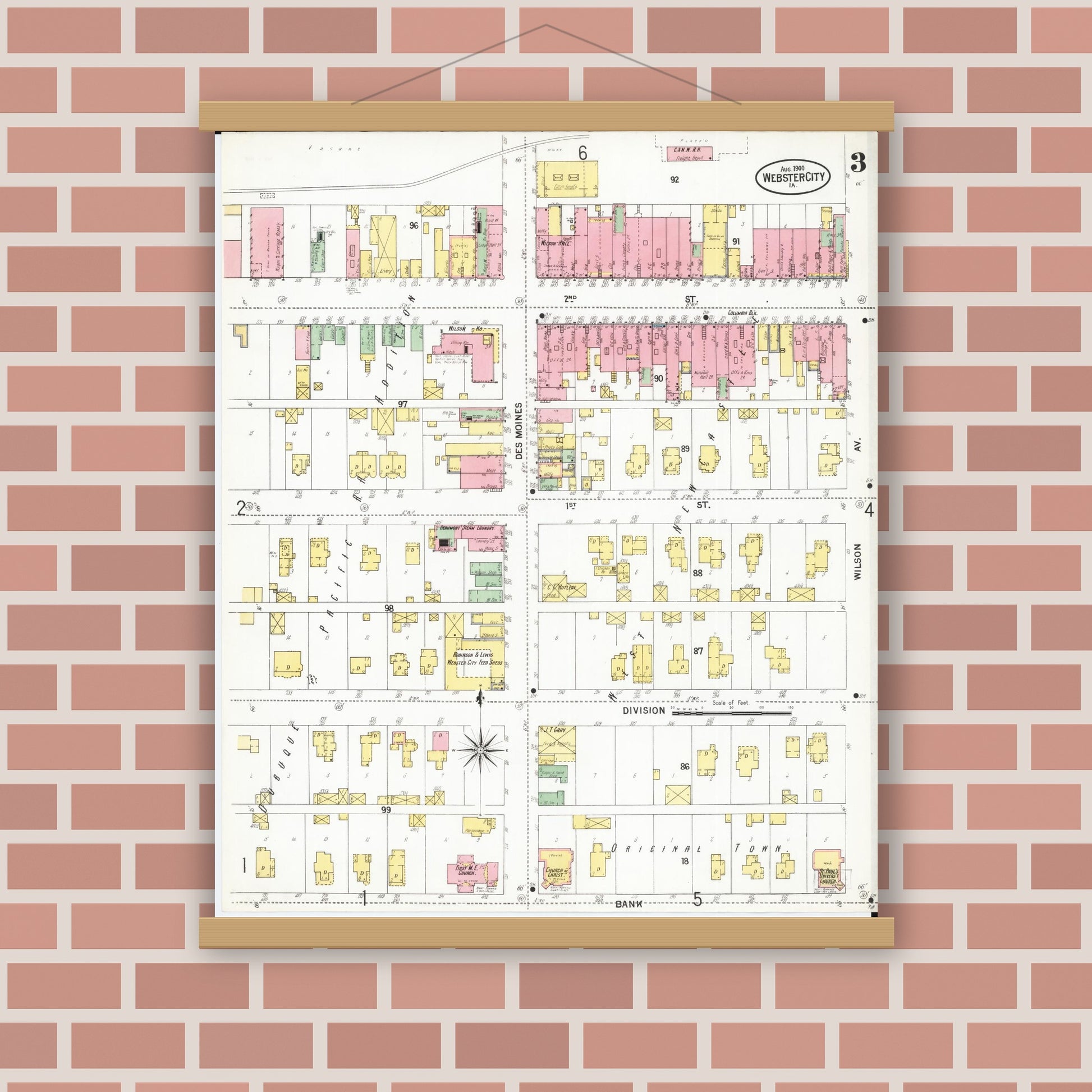 Old map wall art mockup — magnetic wood frame on brick wall — Sanborn Fire Insurance Map from Webster City, Hamilton County, Iowa (1900), Sheet #0003
