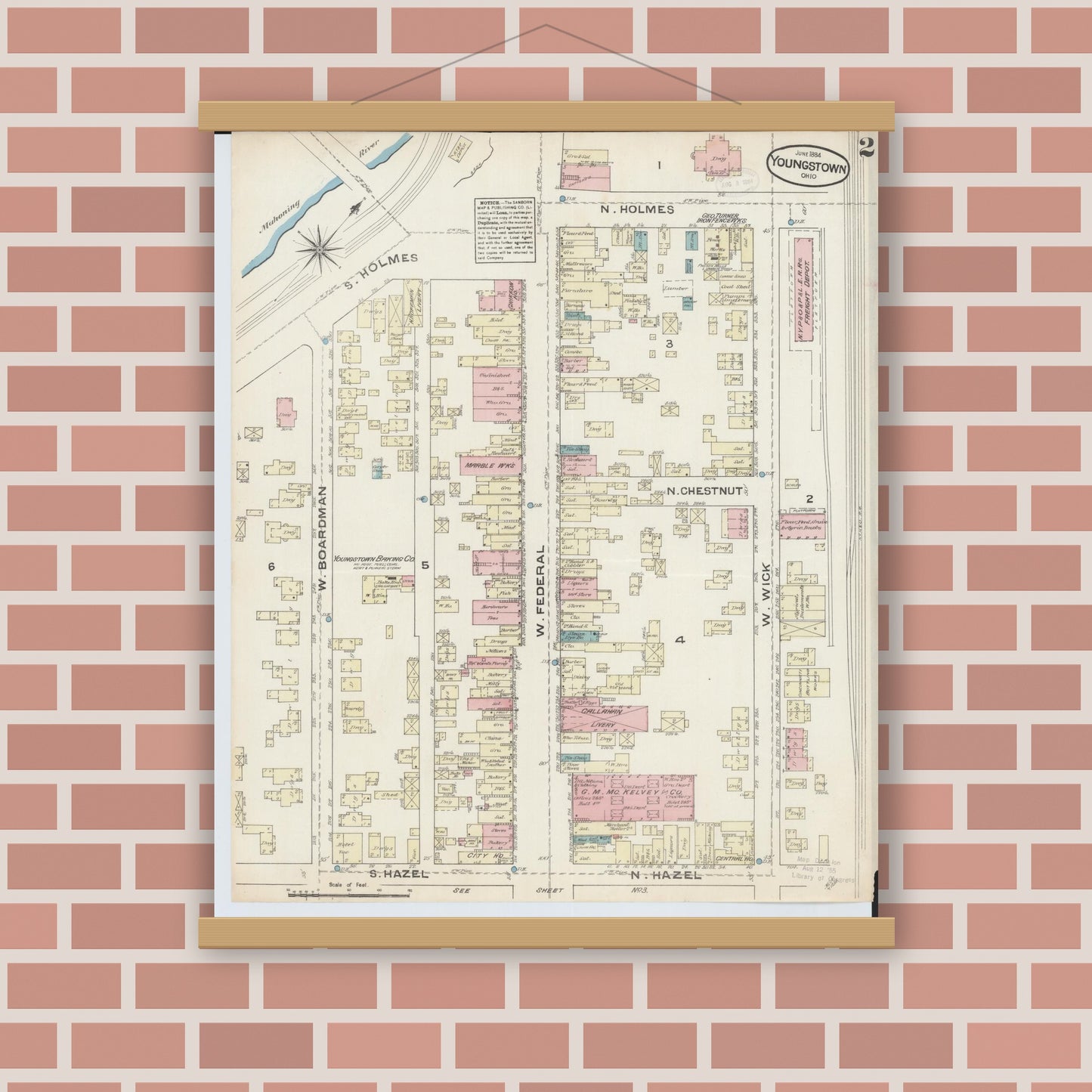 Old map wall art mockup — magnetic wood frame on brick wall — Sanborn Fire Insurance Map from Youngstown, Mahoning County, Ohio (1884), Sheet #0002