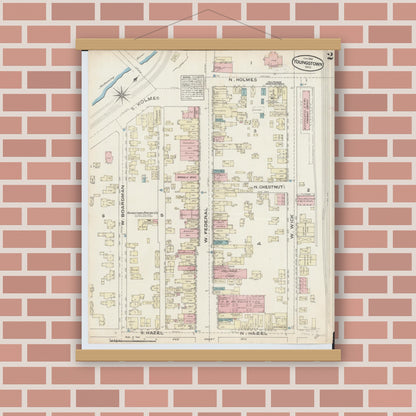 Old map wall art mockup — magnetic wood frame on brick wall — Sanborn Fire Insurance Map from Youngstown, Mahoning County, Ohio (1884), Sheet #0002
