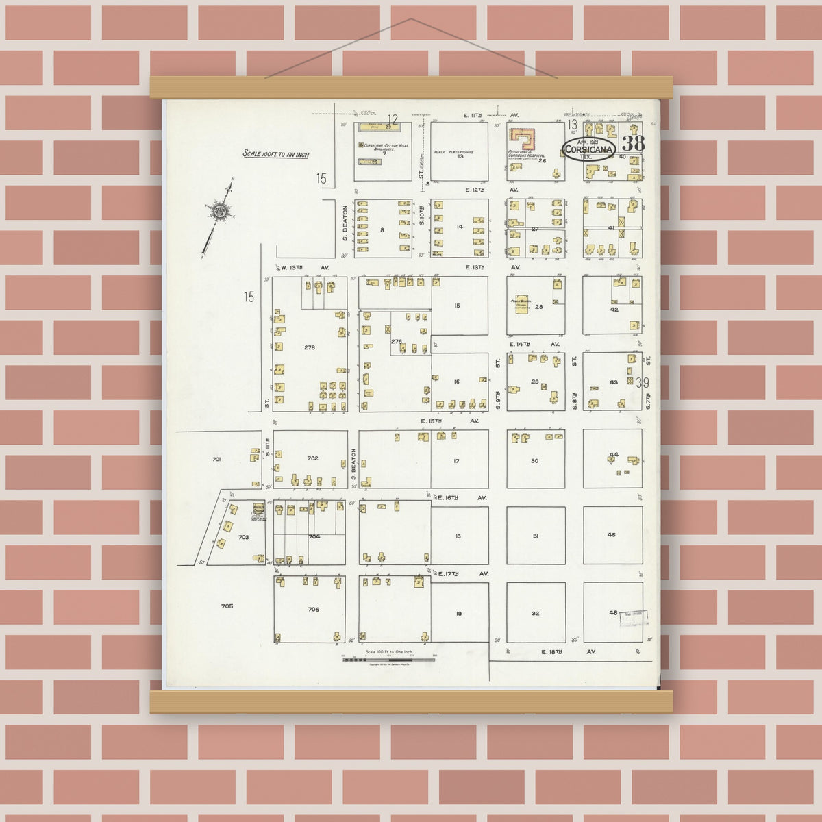 Old map wall art mockup — magnetic wood frame on brick wall — Sanborn Fire Insurance Map from Corsicana, Navarro County, Texas (1921), Sheet #0038