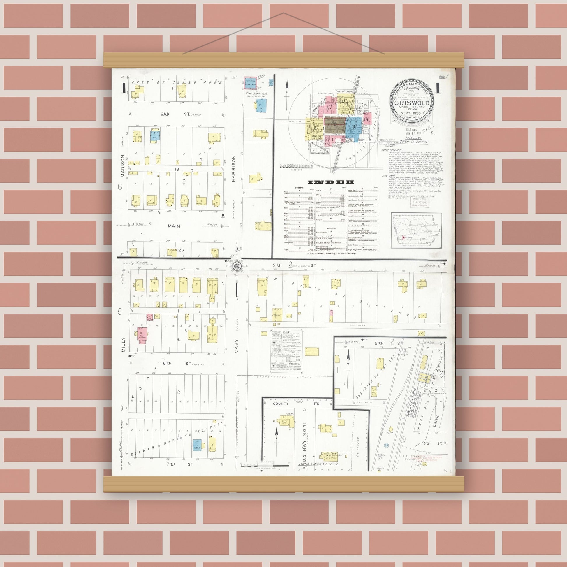 Old map wall art mockup — magnetic wood frame on brick wall — Sanborn Fire Insurance Map from Griswold, Cass County, Iowa (1930), Sheet #0001