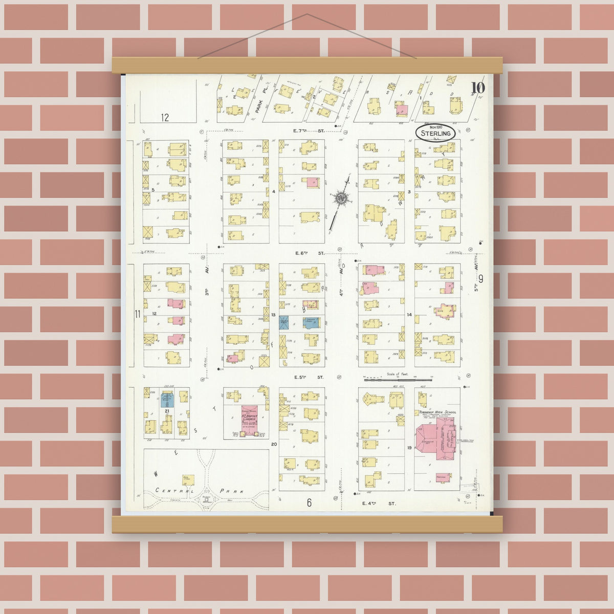 Old map wall art mockup — magnetic wood frame on brick wall — Sanborn Fire Insurance Map from Sterling, Whiteside County, Illinois (1910), Sheet #0010