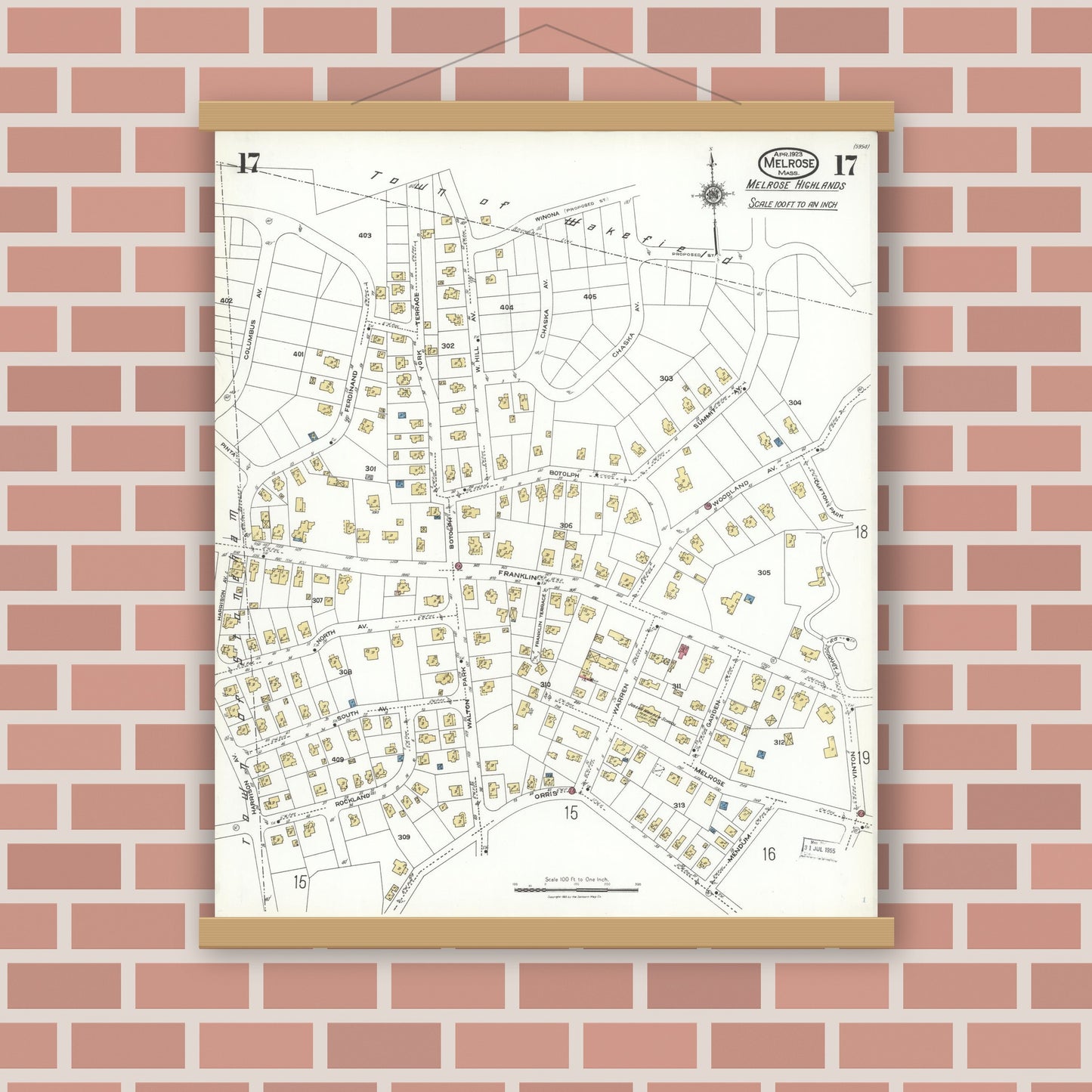 Old map wall art mockup — magnetic wood frame on brick wall — Sanborn Fire Insurance Map from Melrose, Middlesex County, Massachusetts (1923), Sheet #0017