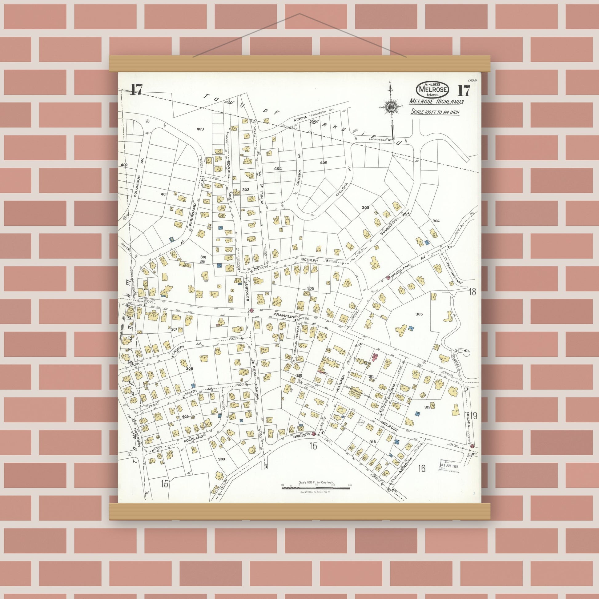 Old map wall art mockup — magnetic wood frame on brick wall — Sanborn Fire Insurance Map from Melrose, Middlesex County, Massachusetts (1923), Sheet #0017
