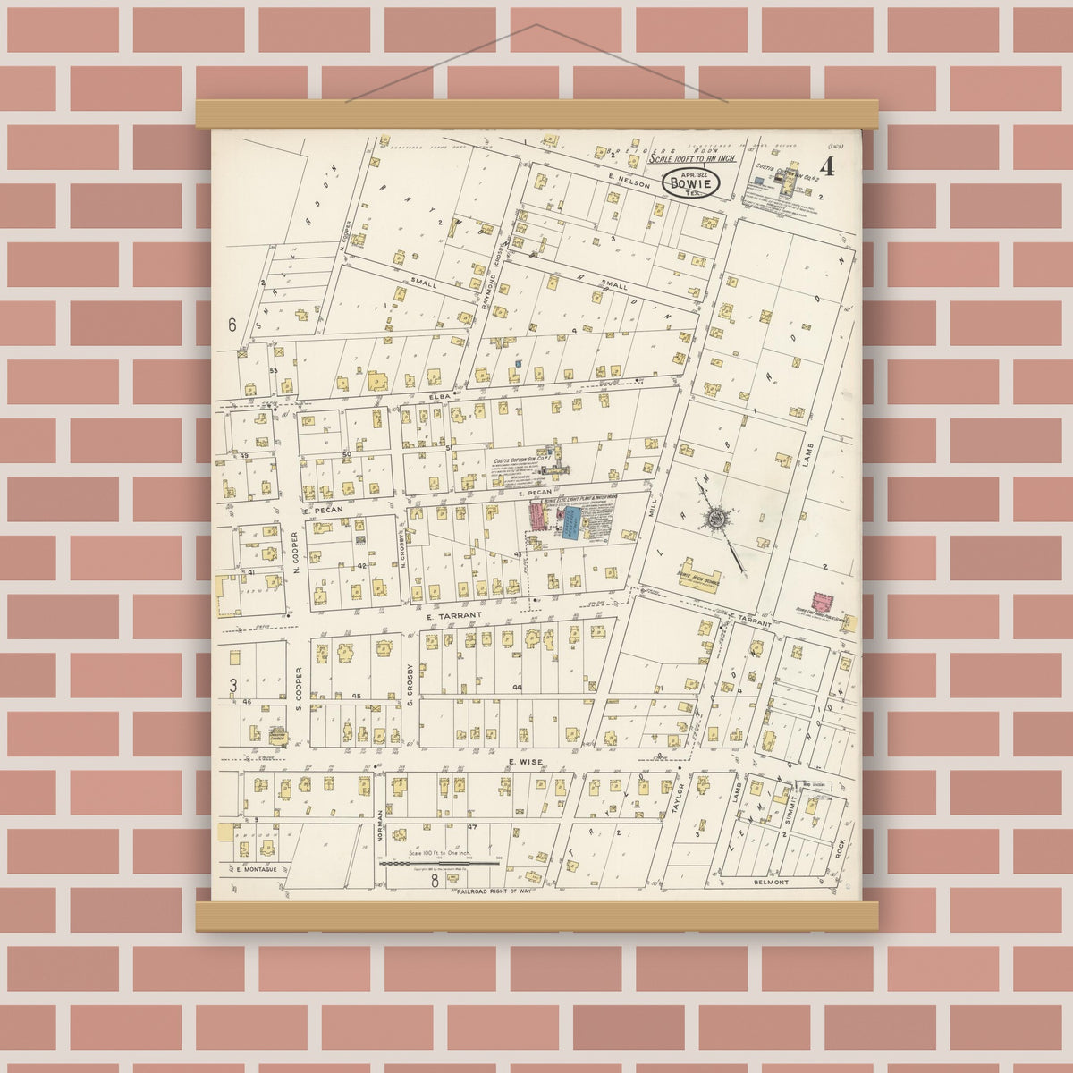 Old map wall art mockup — magnetic wood frame on brick wall — Sanborn Fire Insurance Map from Bowie, Montague County, Texas (1922), Sheet #0004