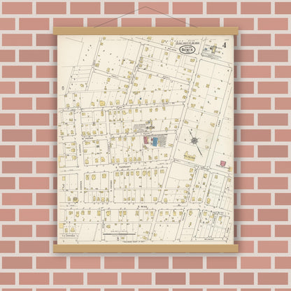 Old map wall art mockup — magnetic wood frame on brick wall — Sanborn Fire Insurance Map from Bowie, Montague County, Texas (1922), Sheet #0004