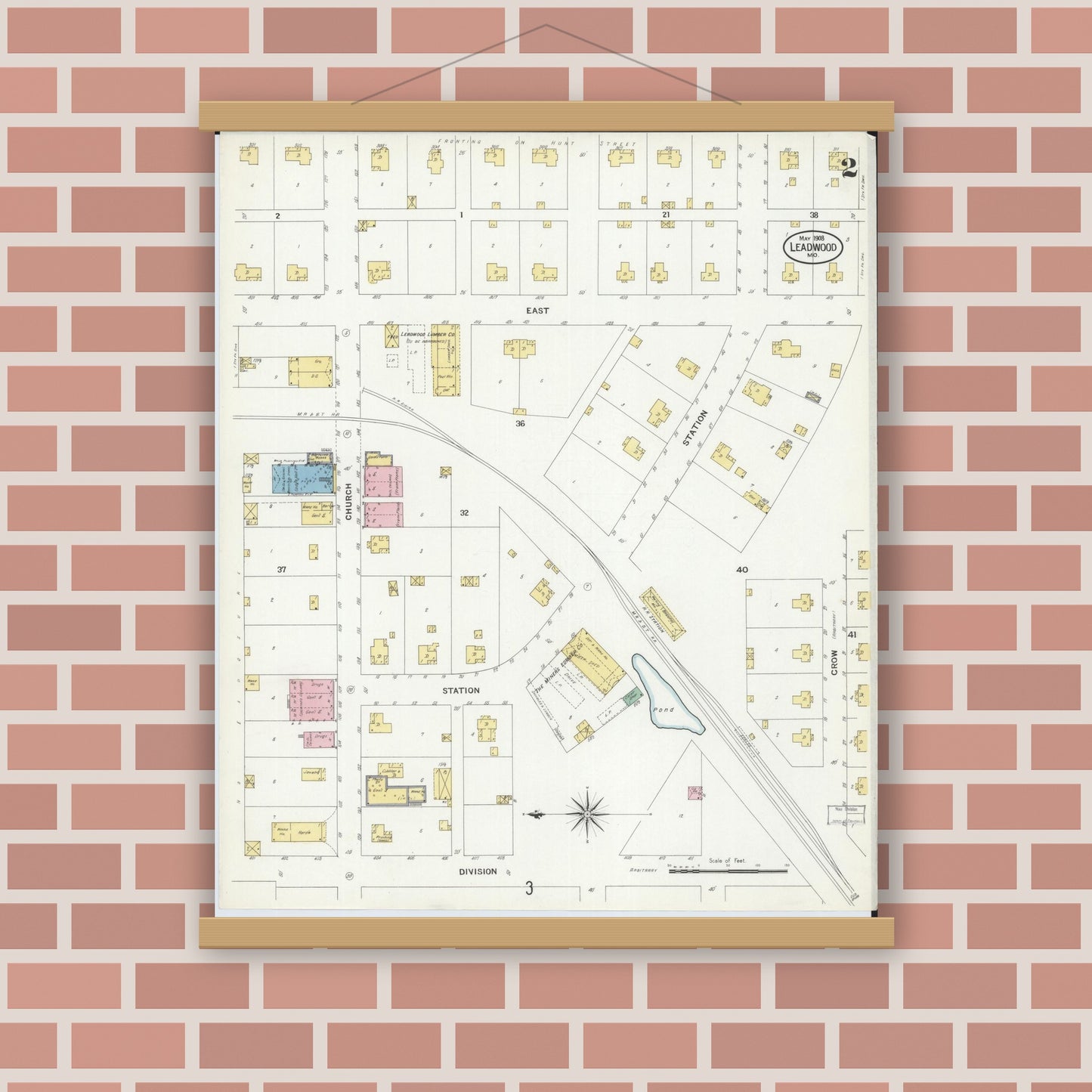 Old map wall art mockup — magnetic wood frame on brick wall — Sanborn Fire Insurance Map from Leadwood, Saint Francois County, Missouri (1908), Sheet #0002