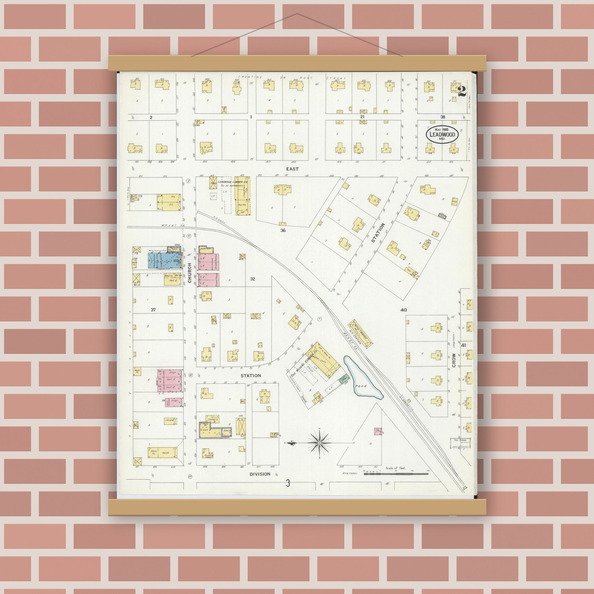Old map wall art mockup — magnetic wood frame on brick wall — Sanborn Fire Insurance Map from Leadwood, Saint Francois County, Missouri (1908), Sheet #0002