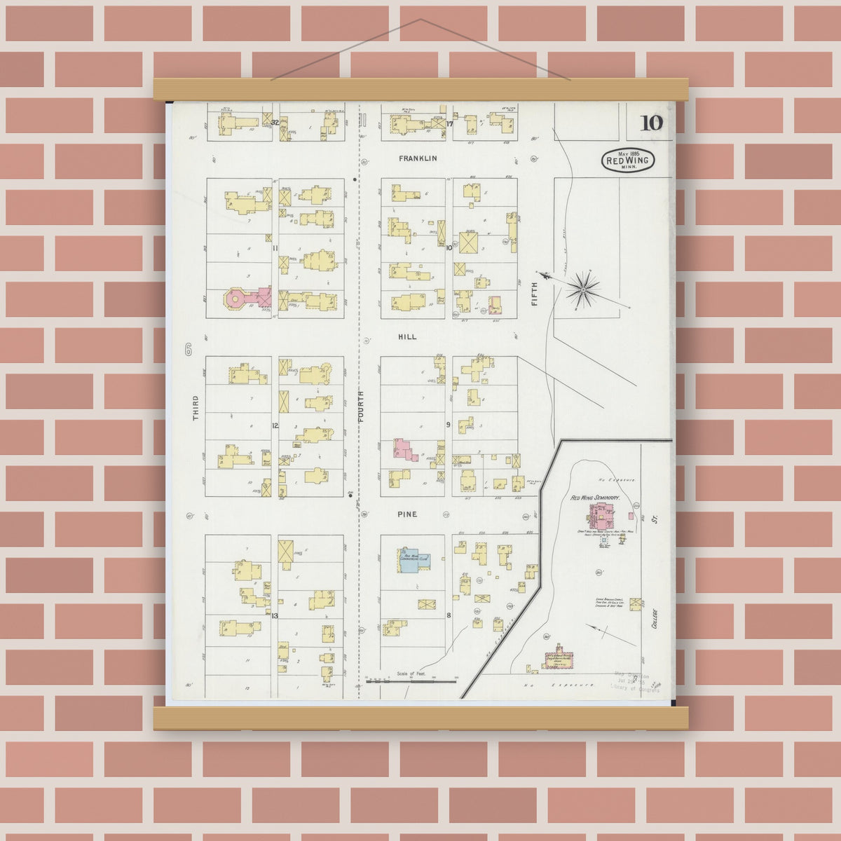 Old map wall art mockup — magnetic wood frame on brick wall — Sanborn Fire Insurance Map from Red Wing, Goodhue County, Minnesota (1895), Sheet #0010