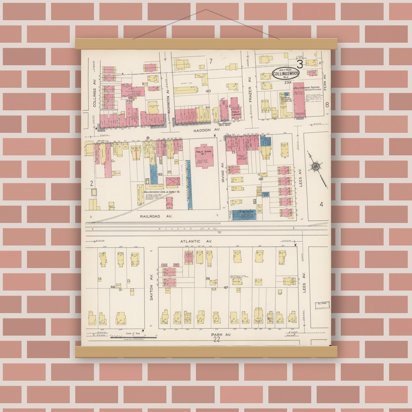 Old map wall art mockup — magnetic wood frame on brick wall — Sanborn Fire Insurance Map from Collingswood, Camden County, New Jersey (1922), Sheet #0003