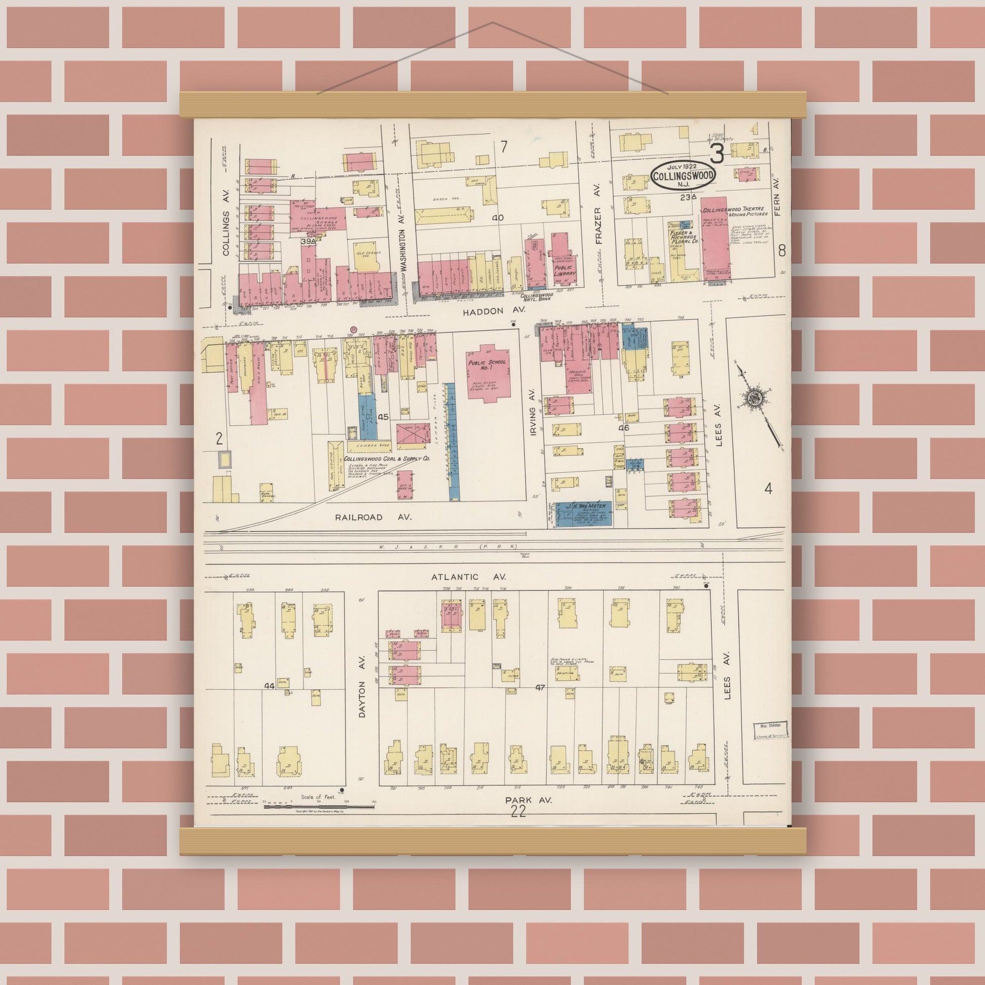 Old map wall art mockup — magnetic wood frame on brick wall — Sanborn Fire Insurance Map from Collingswood, Camden County, New Jersey (1922), Sheet #0003