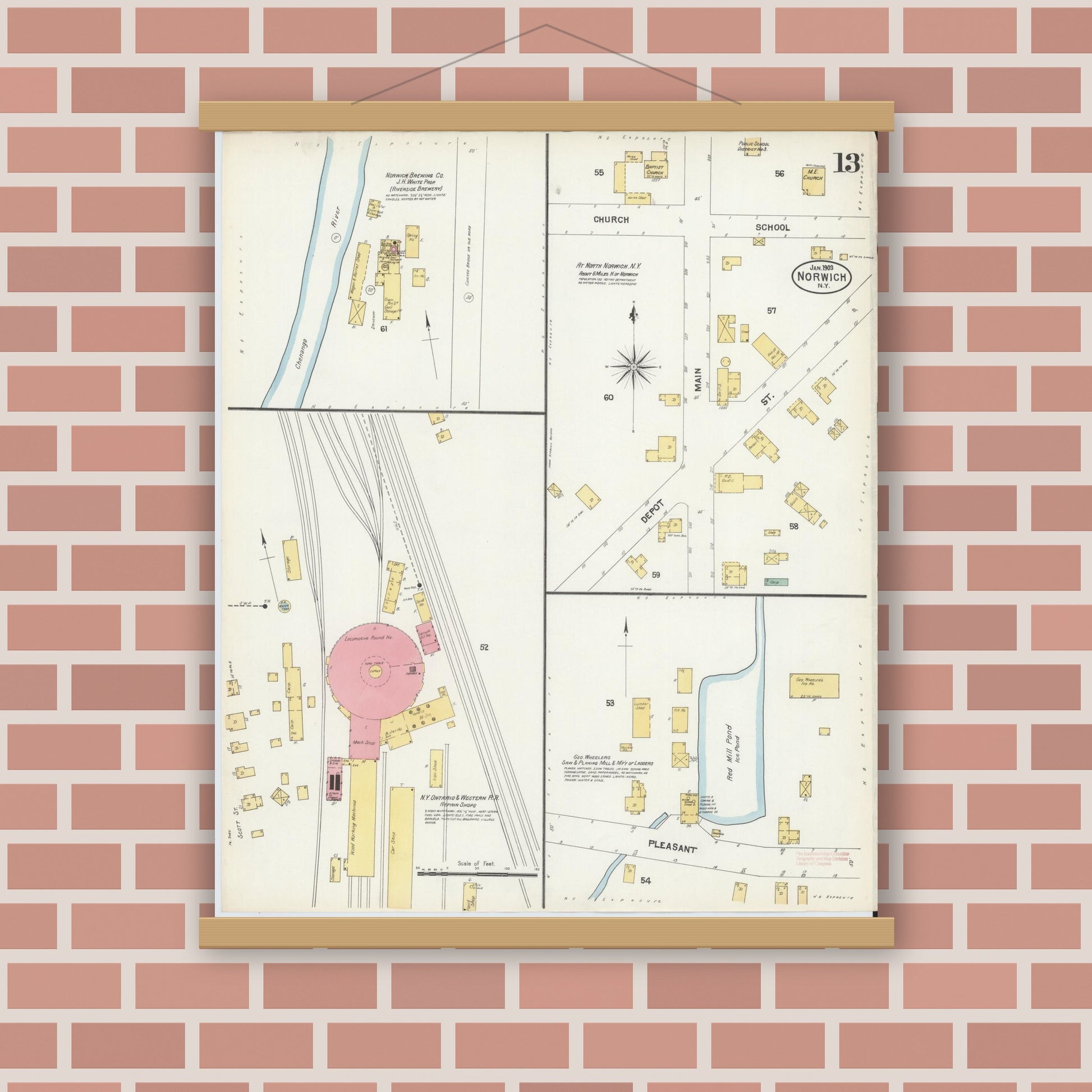 Old map wall art mockup — magnetic wood frame on brick wall — Sanborn Fire Insurance Map from Norwich, Chenango County, New York (1903), Sheet #0013