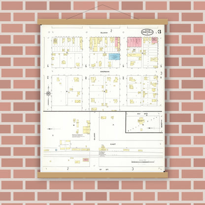 Old map wall art mockup — magnetic wood frame on brick wall — Sanborn Fire Insurance Map from Sheffield, Franklin County, Iowa (1911), Sheet #0003
