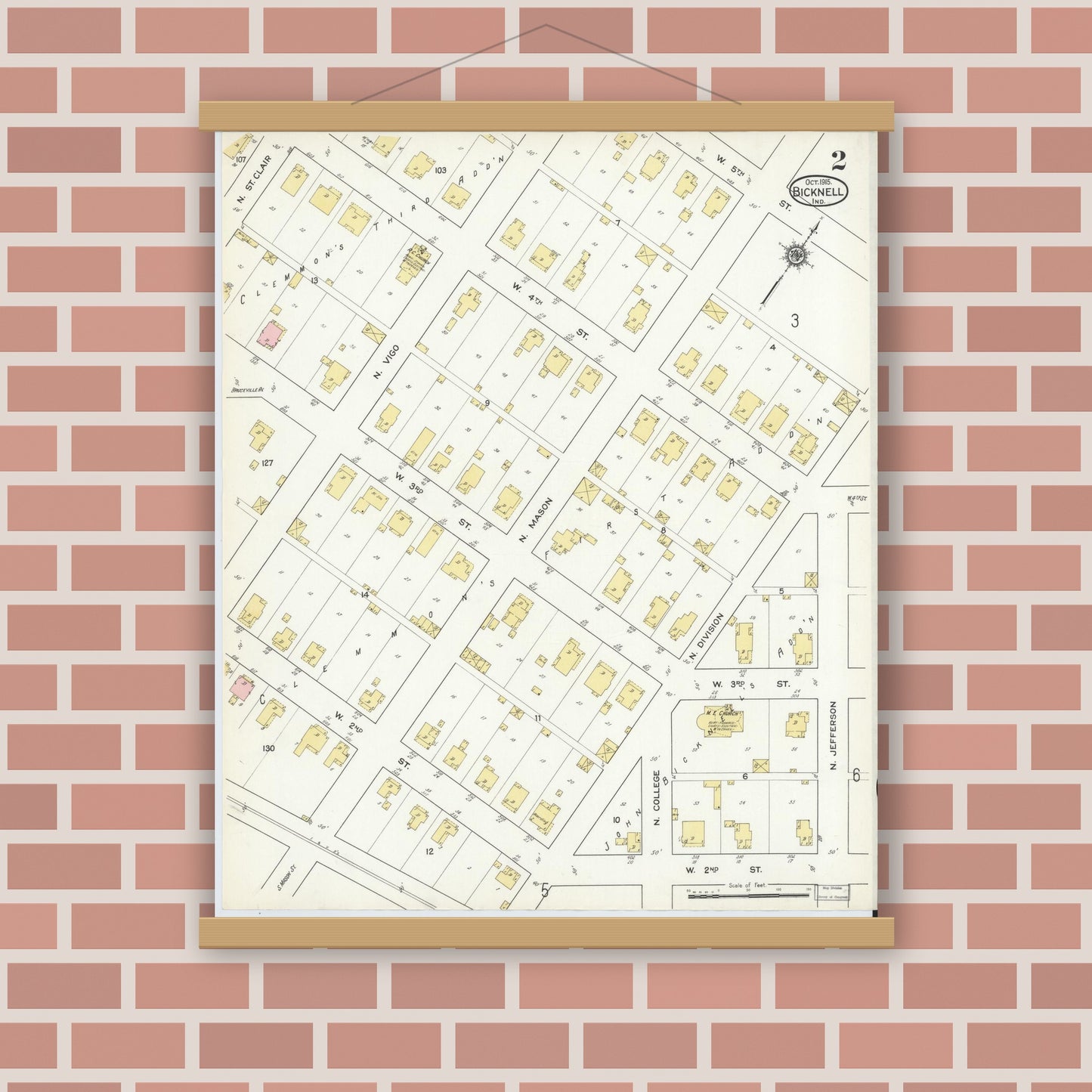 Old map wall art mockup — magnetic wood frame on brick wall — Sanborn Fire Insurance Map from Bicknell, Knox County, Indiana (1915), Sheet #0002