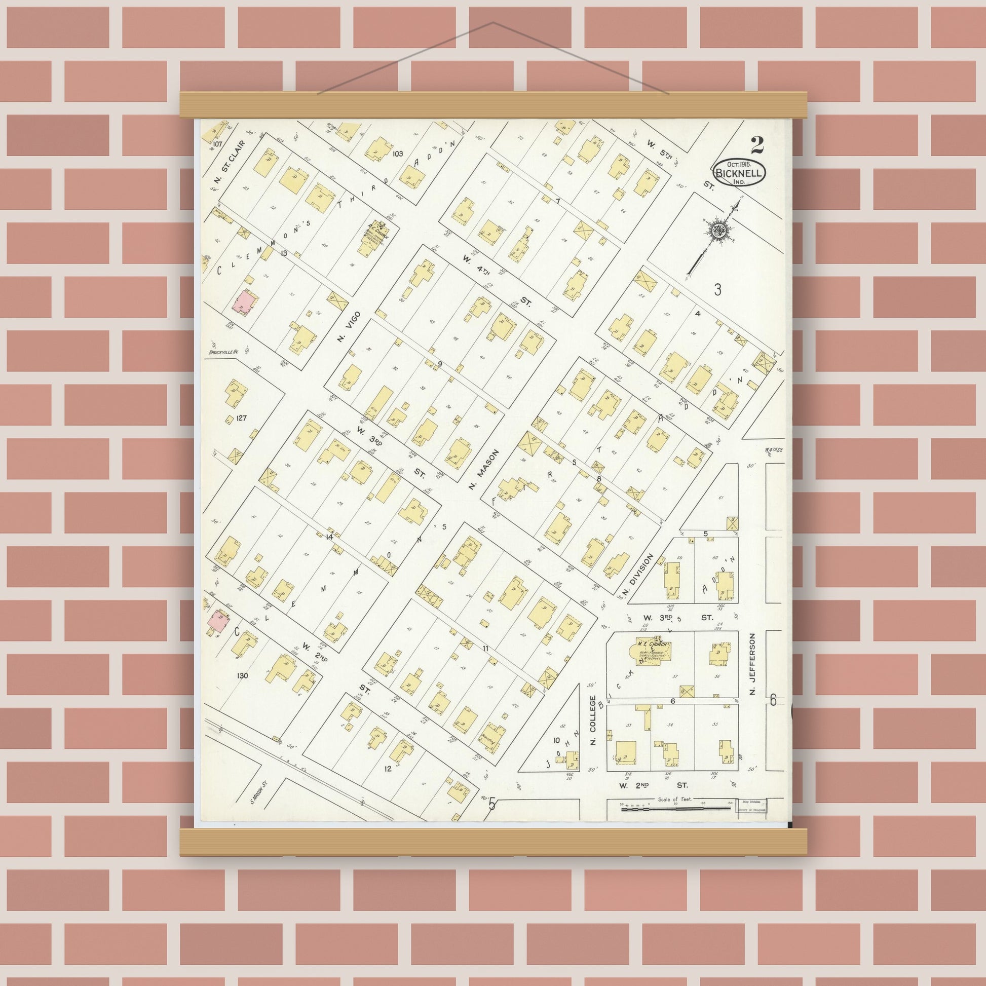 Old map wall art mockup — magnetic wood frame on brick wall — Sanborn Fire Insurance Map from Bicknell, Knox County, Indiana (1915), Sheet #0002