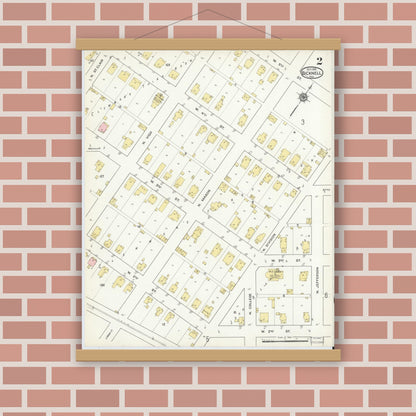 Old map wall art mockup — magnetic wood frame on brick wall — Sanborn Fire Insurance Map from Bicknell, Knox County, Indiana (1915), Sheet #0002