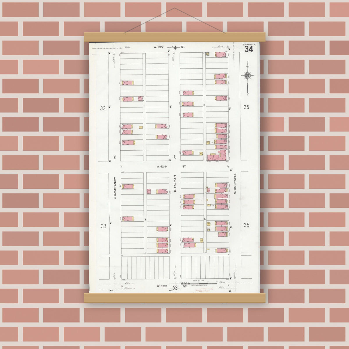 Old map wall art mockup — magnetic wood frame on brick wall — Sanborn Fire Insurance Map from Chicago, Cook County, Illinois (1920), Sheet #0034