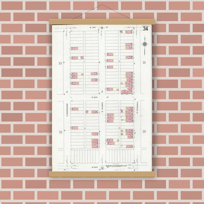 Old map wall art mockup — magnetic wood frame on brick wall — Sanborn Fire Insurance Map from Chicago, Cook County, Illinois (1920), Sheet #0034
