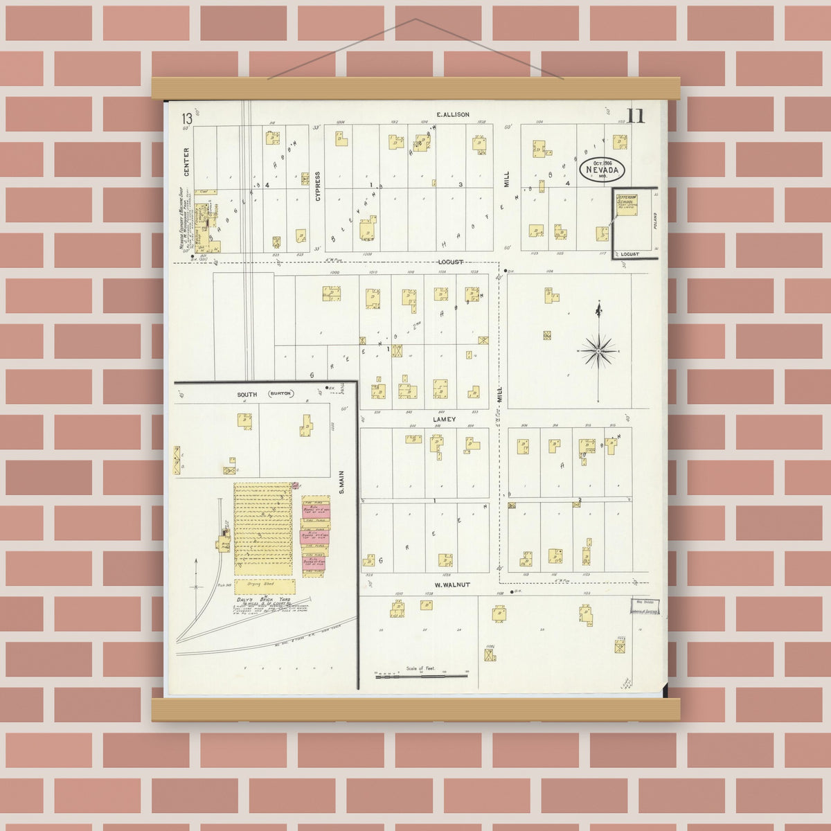 Old map wall art mockup — magnetic wood frame on brick wall — Sanborn Fire Insurance Map from Nevada, Vernon County, Missouri (1906), Sheet #0011