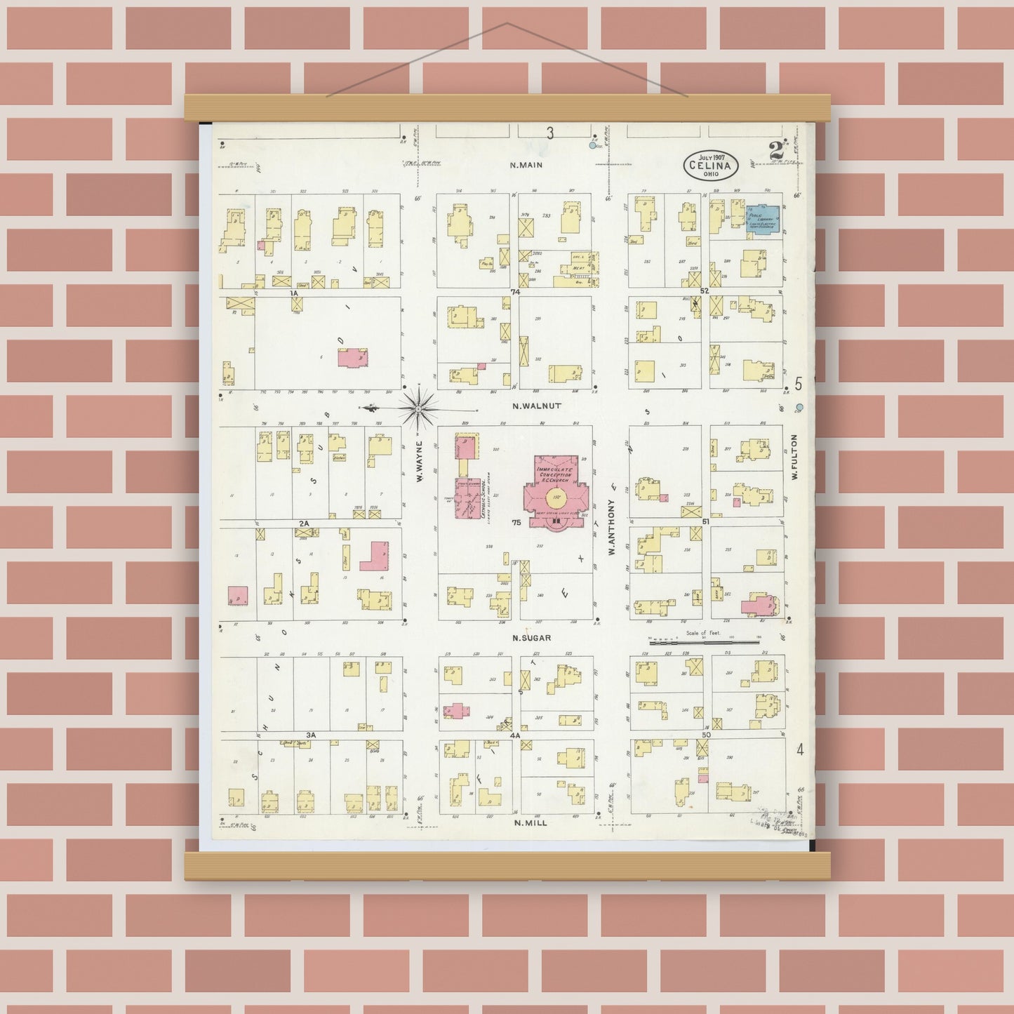 Old map wall art mockup — magnetic wood frame on brick wall — Sanborn Fire Insurance Map from Celina, Mercer County, Ohio (1907), Sheet #0002