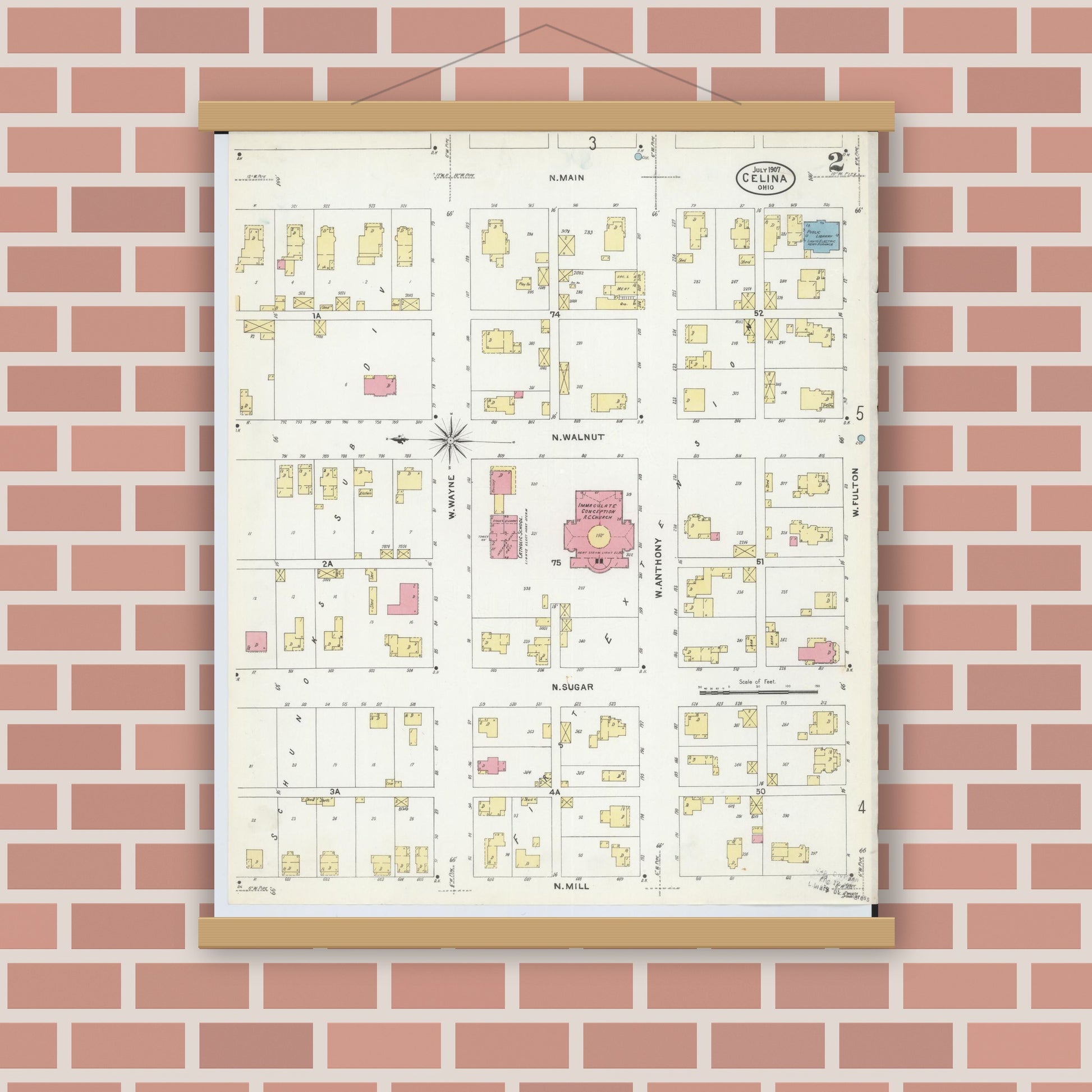 Old map wall art mockup — magnetic wood frame on brick wall — Sanborn Fire Insurance Map from Celina, Mercer County, Ohio (1907), Sheet #0002