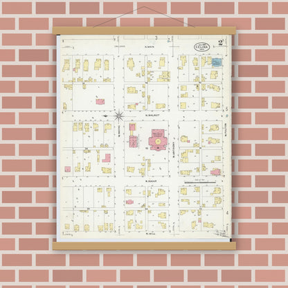 Old map wall art mockup — magnetic wood frame on brick wall — Sanborn Fire Insurance Map from Celina, Mercer County, Ohio (1907), Sheet #0002