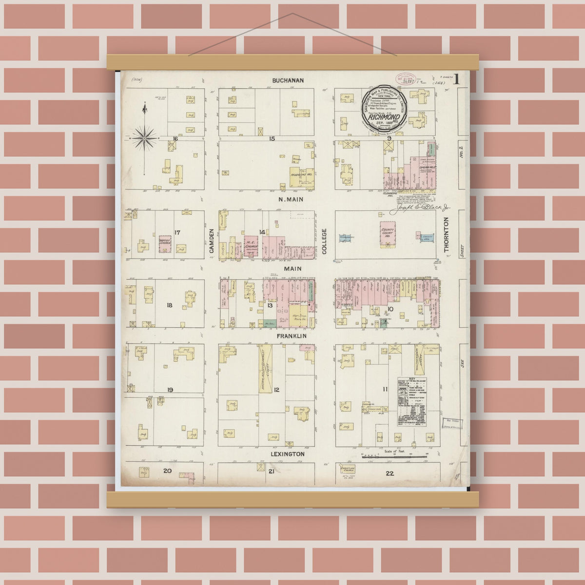 Old map wall art mockup — magnetic wood frame on brick wall — Sanborn Fire Insurance Map from Richmond, Ray County, Missouri (1888) - Complete Map Set