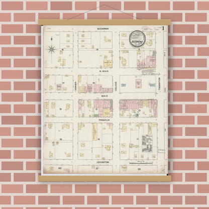 Old map wall art mockup — magnetic wood frame on brick wall — Sanborn Fire Insurance Map from Richmond, Ray County, Missouri (1888) - Complete Map Set