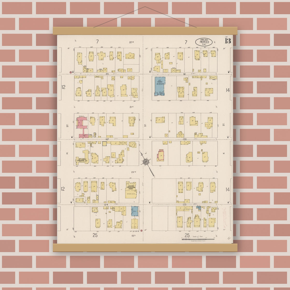 Old map wall art mockup — magnetic wood frame on brick wall — Sanborn Fire Insurance Map from Merced, Merced County, California (1922), Sheet #0013