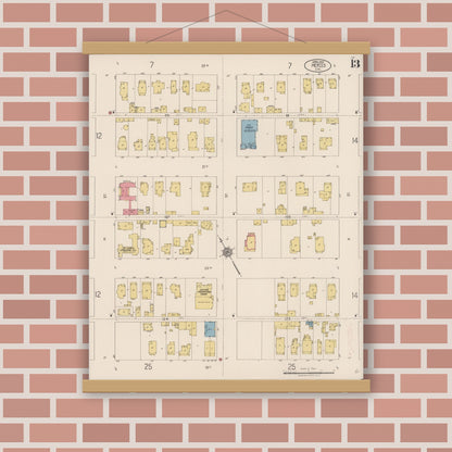 Old map wall art mockup — magnetic wood frame on brick wall — Sanborn Fire Insurance Map from Merced, Merced County, California (1922), Sheet #0013