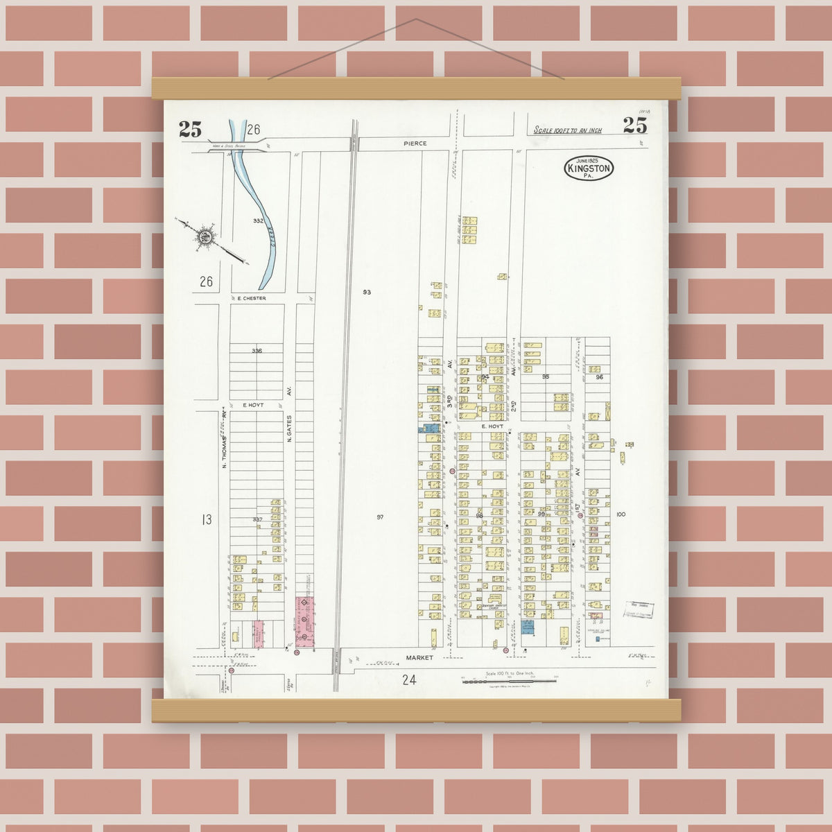 Old map wall art mockup — magnetic wood frame on brick wall — Sanborn Fire Insurance Map from Kingston, Luzerne County, Pennsylvania (1925), Sheet #0025