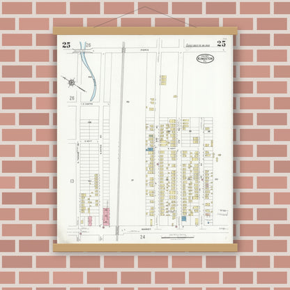 Old map wall art mockup — magnetic wood frame on brick wall — Sanborn Fire Insurance Map from Kingston, Luzerne County, Pennsylvania (1925), Sheet #0025